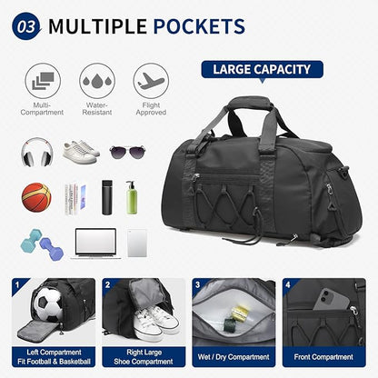 Unisex Travel Duffle Bag for Men Women, Waterproof Gym Bag with Shoe Compartment & Football Compartment, 32L Carry on Bag for Sports & Fitness, Black