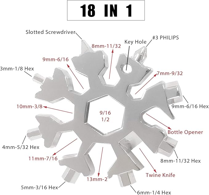 18-in-1 Snowflake Multi Tool, 9 Pack Stainless Steel Snowflake Bottle Opener/Flat Phillips Screwdriver Kit/Wrench, Durable and Portable to Take