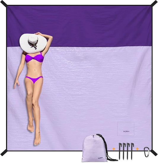 Beach Blanket Waterproof Sandproof Large Beach Mat 79" X 87", Quick Drying Durable Portable Lightweight Outdoor Nylon Picnic Blanket for Travel Camping Hiking, Purple