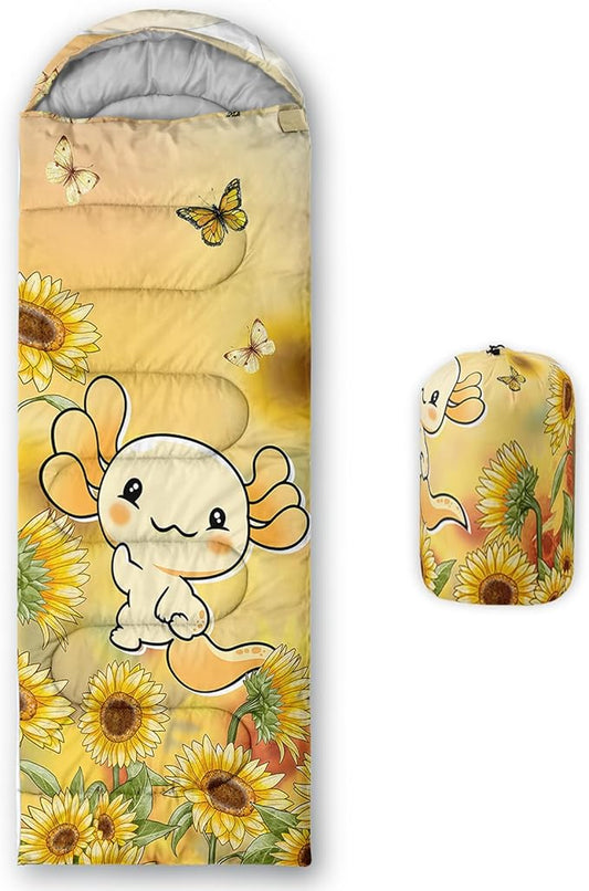 BSNTHO Sunflower Axolotl Printed Camping Sleeping Bag,3 Season Warm & Cool Weather,Lightweight,Waterproof Sleeping Bag for Adults & Kids,Traveling,and Outdoors,Camping Gear Equipment,31x90inch