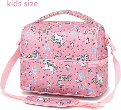 FlowFly Double Decker Cooler Insulated Lunch Bag Large Tote for Boys, Girls, Men, Women, With Adjustable Strap (Red-Unicorn)