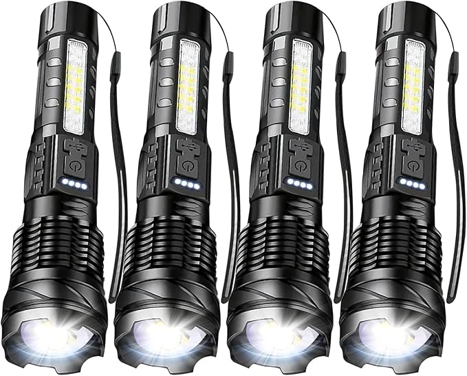 MODOAO LED Flashlight Rechargeable, Handheld Flashlights with 7 Modes & Zoomable, Powerful Emergency Flashlights Camping, Hiking,and Outdoor Use (4 Pack)