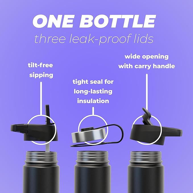 IRON °FLASK Camping & Hiking Hydration Flask, Wide Mouth, 3 Straw Lids, Stainless Steel Outdoor Water Bottle, Double Walled, Insulated Thermos, Metal Canteen - Midnight Black, 40 Oz