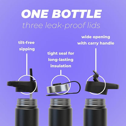 IRON °FLASK Camping & Hiking Hydration Flask, Wide Mouth, 3 Straw Lids, Stainless Steel Outdoor Water Bottle, Double Walled, Insulated Thermos, Metal Canteen - Midnight Black, 40 Oz