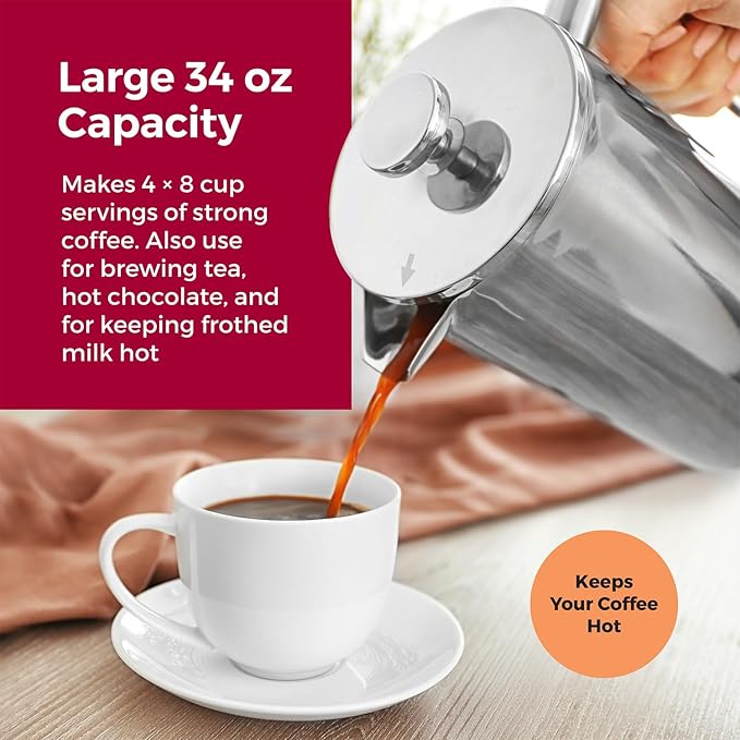 MuellerLiving French Press Coffee Maker 34oz, Stainless Steel French Press Coffee, 4 Filter Heat Resistant Double Insulated, Rust-Free, Food Grade, Dishwasher Safe Coffee Pot