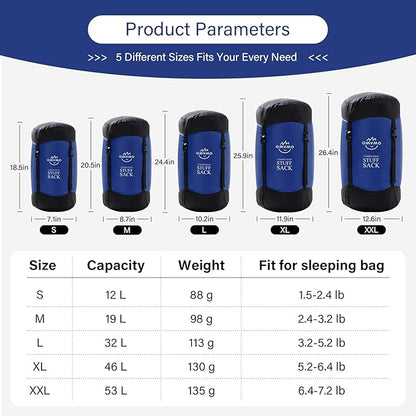 Compression Sack, 12L/19L/32L/46L/53L Water-Resistant Sleeping Bag Stuff Sack,Anti-Tear Ultra Light 400T 20D Nylon Storage Bag,Space Saving Gear for Camping Hiking Travel 1Pcs