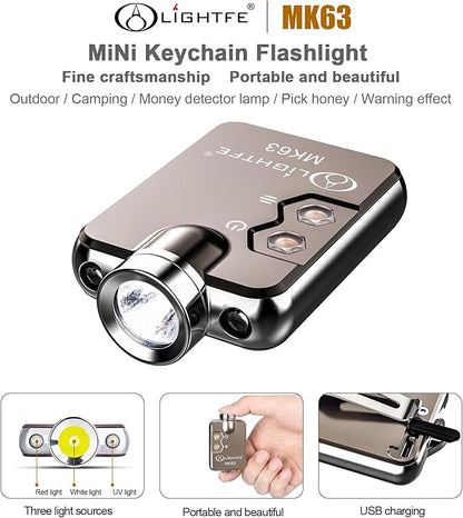 LIGHTFE Key-Chain Flashlight MK63 3 in 1 uv Light+Glare White Light+red Light for EDC Flashlight, Camping Flashlight, Emergency Light Designs to Max. 300LM Brightness, 3 Colors LED Lamp(Grey)