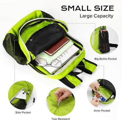 15L Highly Water-resistant Hiking Daypack, Small Backpack Travel Outdoor, Lightweight Day Pack with Tool Loops(Fluorescent Green)
