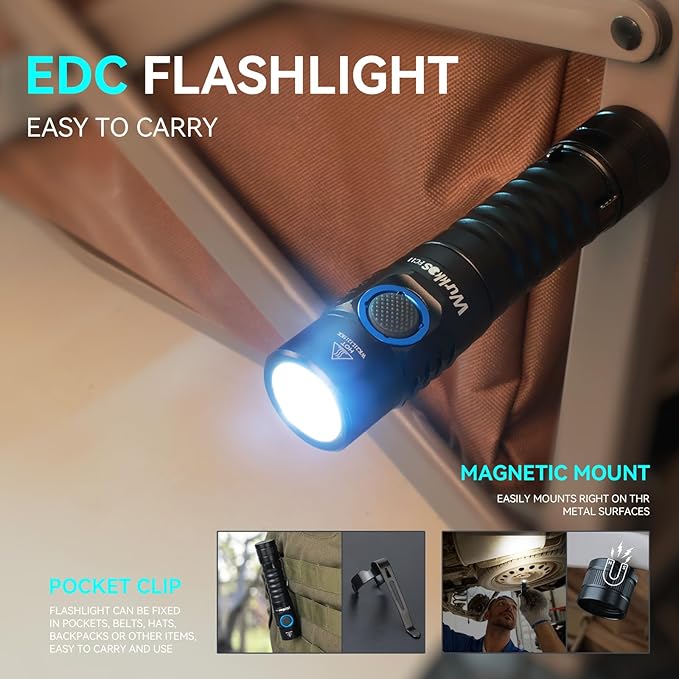 Wurkkos FC11 Flashlight Rechargeable USB C Pocket Flashlight, Max 1300 Lumen Ultra Bright Flashlight, Magnetic Flashlight IP68 Waterproof Flashlight for Camping Hiking Repairing (519A-5000K)