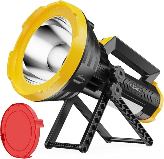 BUYSIGHT Rechargeable Spotlight Flashlight, 1000,000 lumens 600 Yards Range IP65 Waterproof Spot Lights Handheld Large searchlight with red Lens Side Flood Light Light USB C Recharge (Yellow Plus)