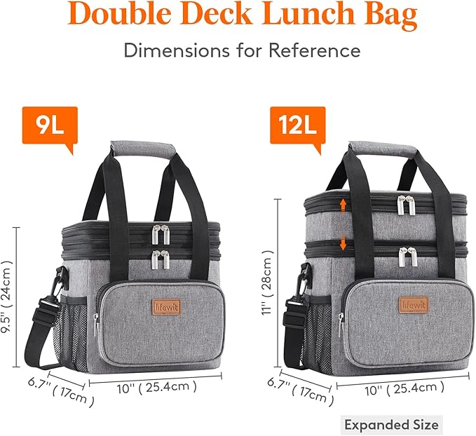 Lifewit Lunch Box for Men Women Double Deck Lunch Bag, Large Insulated Soft Cooler Bag, Leakproof Soft Meal Prep Lunch Tote with Shoulder Strap for Adults for Work/Flight/Travel, 12L/16Can, Grey