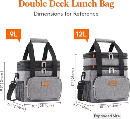 Lifewit Lunch Box for Men Women Double Deck Lunch Bag, Large Insulated Soft Cooler Bag, Leakproof Soft Meal Prep Lunch Tote with Shoulder Strap for Adults for Work/Flight/Travel, 12L/16Can, Grey