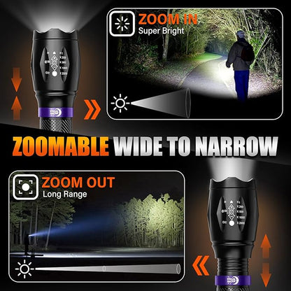 2 Pack LED Flashlights High Lumens with 6 AAA Batteries, 5 Modes Mini Waterproof Tactical Flashlight for Camping Hiking, Bright Flashlight with Zoomable, Fathers Day Dad Gifts for Him, Black & Purple