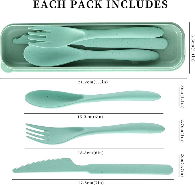 Reusable Travel Utensils Set with Case, 4 Pack Reusable Wheat Straw Portable Utensils Set with Case, Travel Utensils for Lunch, Camping, Picnic, Travel (Green, Pink, Blue, Beige)