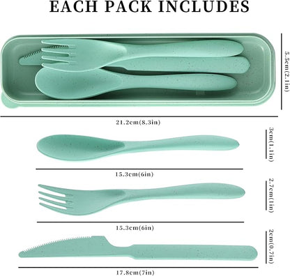 Reusable Travel Utensils Set with Case, 4 Pack Reusable Wheat Straw Portable Utensils Set with Case, Travel Utensils for Lunch, Camping, Picnic, Travel (Green, Pink, Blue, Beige)