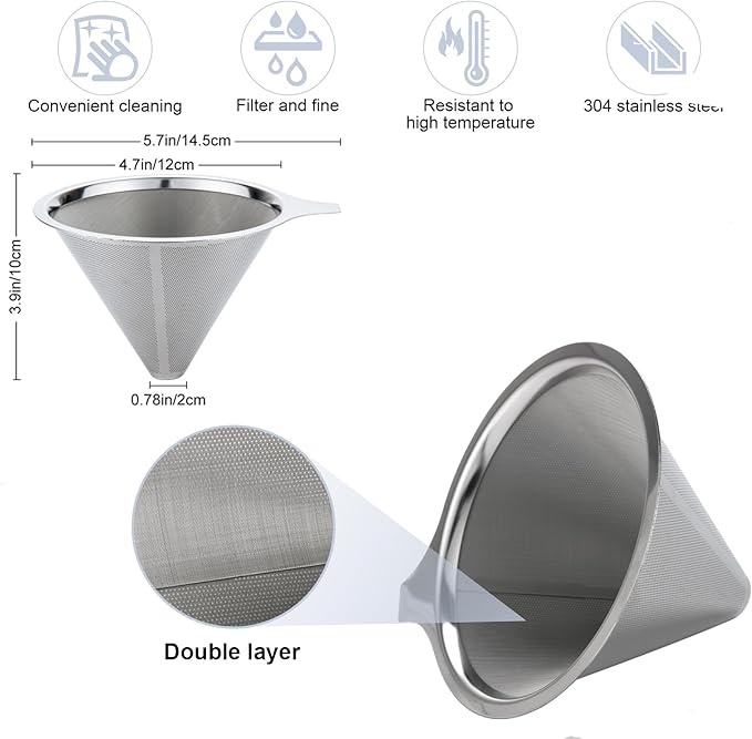 Pour Over Coffee Maker,Coffee Filter,Slow Drip Paperless Stainless Steel Cone Coffee Dripper(2-3 Cup)