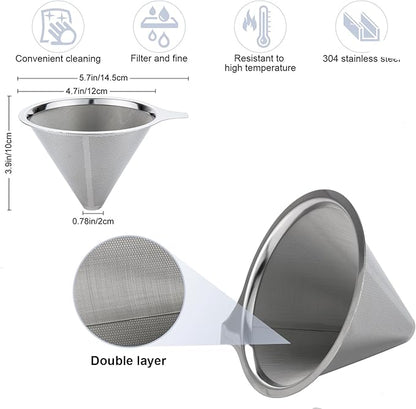 Pour Over Coffee Maker,Coffee Filter,Slow Drip Paperless Stainless Steel Cone Coffee Dripper(2-3 Cup)