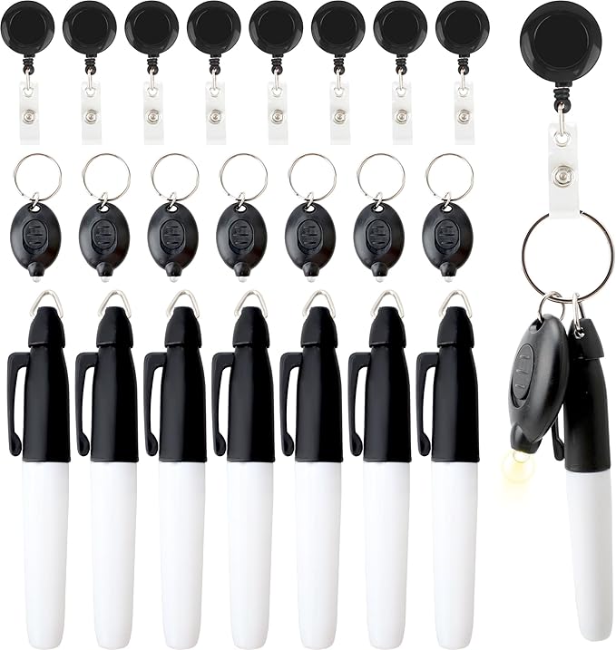 24 Pcs Mini LED Keychain Flashlights Permanent Marking Pens Badge Reel Mini LED Keychain Black Keychain Marker Pen