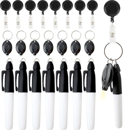 24 Pcs Mini LED Keychain Flashlights Permanent Marking Pens Badge Reel Mini LED Keychain Black Keychain Marker Pen