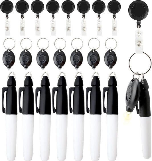 24 Pcs Mini LED Keychain Flashlights Permanent Marking Pens Badge Reel Mini LED Keychain Black Keychain Marker Pen