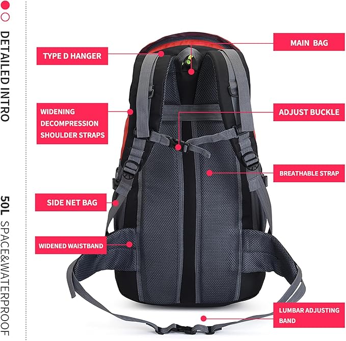 Bseash 50L Hiking Backpack, Water Resistant Lightweight Outdoor Sport Daypack Travel Bag for Camping Climbing Touring (Red - No Shoe Compartment)