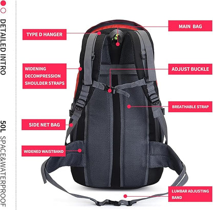 Bseash 50L Hiking Backpack, Water Resistant Lightweight Outdoor Sport Daypack Travel Bag for Camping Climbing Touring (Red - No Shoe Compartment)