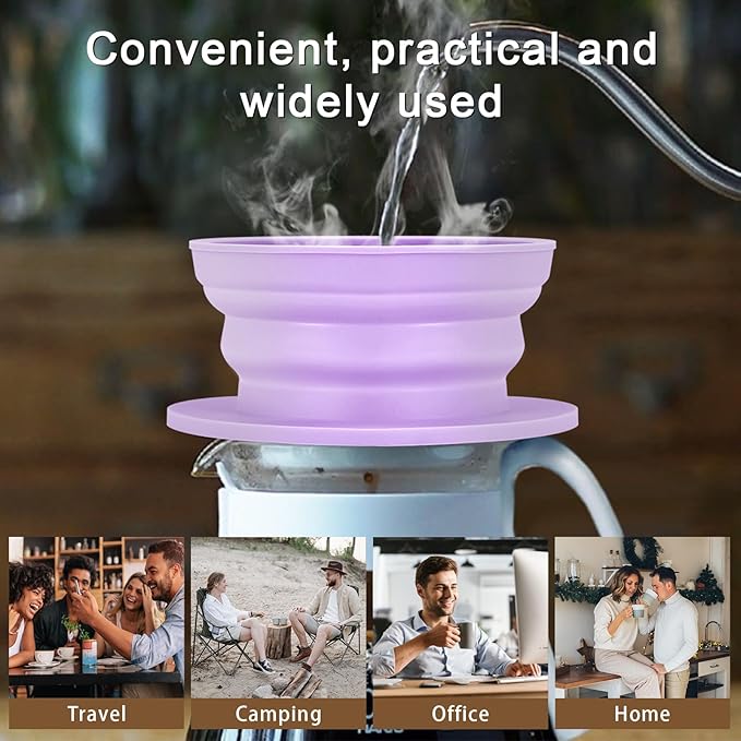 Collapsible Paperless Pour Over Coffee Maker with Stainless Steel Mesh Filter, Silicone Camping Coffee Maker Pour Over for 1~2 Cup, Reusable Collapsible Travel Pour Over Coffee Dripper (Purple)