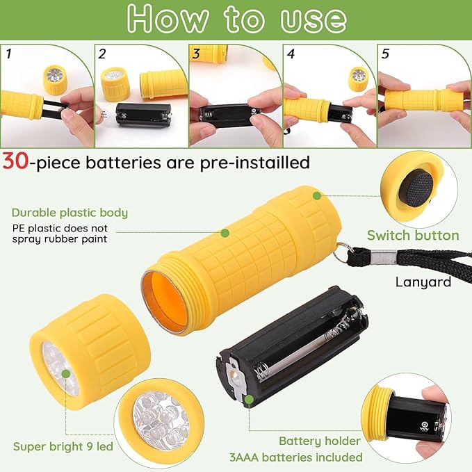 10Pack Mini Flashlights Set, 9-LED Small Flashlight for Kids, 5 Colors, with Lanyard and 30 AAA Batteries Included, Perfect for Night Reading Party Camping Hunting Emergency