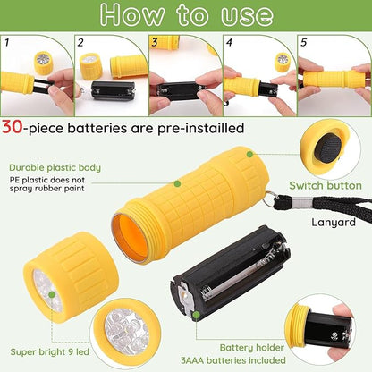 10Pack Mini Flashlights Set, 9-LED Small Flashlight for Kids, 5 Colors, with Lanyard and 30 AAA Batteries Included, Perfect for Night Reading Party Camping Hunting Emergency