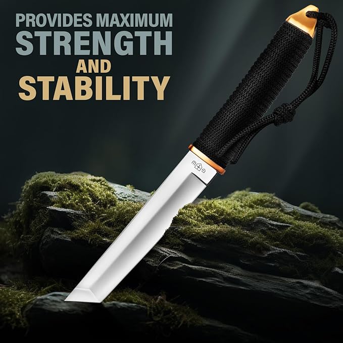 Tanto Camping Knife with Sheath - 3+ Colors - 5.9" Fixed Full Tang Mirror Polished Blade - Cool Survival Knives with Black Paracord Handle - Tactical Work Knives for Hunting Hiking EDC 2307 Silver