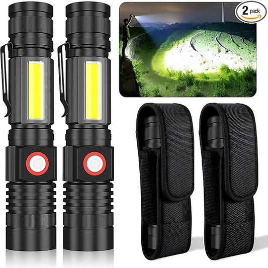 iToncs USB Rechargeable Flashlight, 2000 Lumens Super Bright Magnetic Flashlight with COB Work Light, Waterproof, 4 Modes, Pocket Tactical Flashlights 2 Packs Tactical Flashlights with Holsters