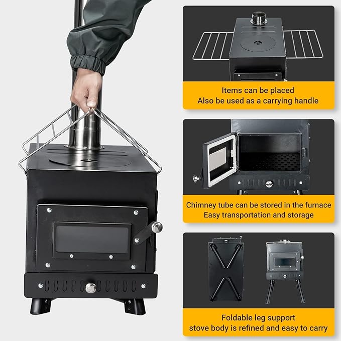 Outdoor Camping Stove Camp Tent Stove, Portable Wood Burning Stove with Chimney Pipe for Tent, Shelter, Camping Heating and Cooking (Pipe Diameter: 2.95")