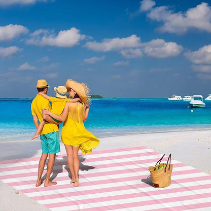 Beach Blanket Sandproof Waterproof, Pink Striped Picnic Blanket Extra Large 9 Ft X 10 Ft for 8 Adults with Stakes and Sand Pocket, Compact Lightweight Sand Free Beach Mat Essential