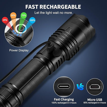 Rechargeable LED Flashlights High Lumens, 990,000 Lumens Super Bright Powerful Flash Light with 5 Modes, IPX6 Waterproof Flashlight for Home, Camping, Emergencies (Black)
