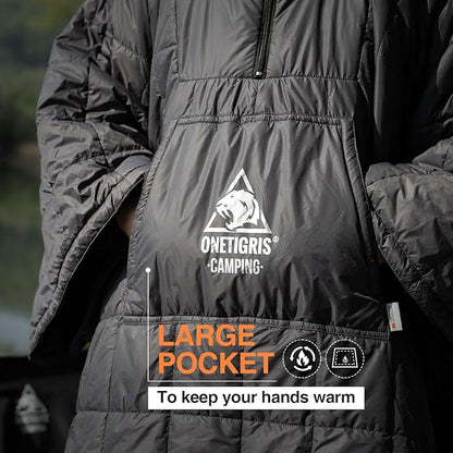 OneTigris Camping Blanket Honcho Poncho with 3M Thinsulate Insulation,Wearable Sleeping Bag Poncho for Camping Large Ultralight Water-Resisitant Warm Wearable Blanket for Outdoor Camping,Hiking