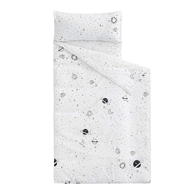 Wake In Cloud - Toddler Nap Mat with Pillow and Blanket, 100% Cotton Fabric, for Kids Boys Girls in Daycare Kindergarten Preschool, Roll Up Sleeping Bag, Black White Spaces, Standard
