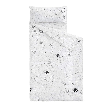 Wake In Cloud - Toddler Nap Mat with Pillow and Blanket, 100% Cotton Fabric, for Kids Boys Girls in Daycare Kindergarten Preschool, Roll Up Sleeping Bag, Black White Spaces, Standard