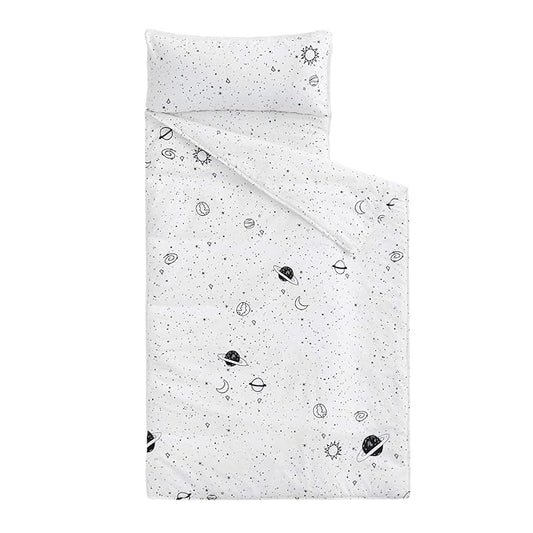 Wake In Cloud - Toddler Nap Mat with Pillow and Blanket, 100% Cotton Fabric, for Kids Boys Girls in Daycare Kindergarten Preschool, Roll Up Sleeping Bag, Black White Spaces, Standard