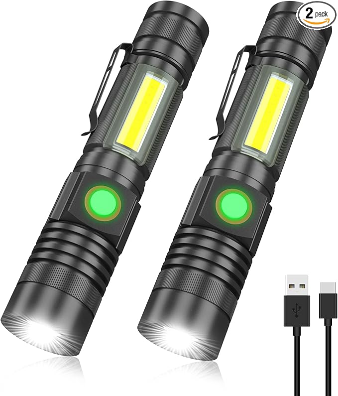 Rechargeable Tactical Flashlight, USB Magnetic Flashlights with COB Flash Light - 4 Models, Zoomable, Waterproof, LED Tactical Flashlight High Lumen Bright for Indoor Outdoor Camping 2 Pack