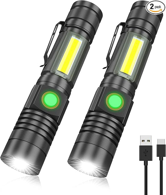 Rechargeable Tactical Flashlight, USB Magnetic Flashlights with COB Flash Light - 4 Models, Zoomable, Waterproof, LED Tactical Flashlight High Lumen Bright for Indoor Outdoor Camping 2 Pack