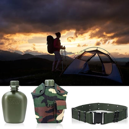 1 Quart Canteen Kit Portable Canteen Hydration Canteens Water Bottle with Reinforced Nylon Bottle Pouch Cover Bag,Aluminum Cup and Waist Belt for Backpacking Hiking Camping Climbing Outdoor Activities
