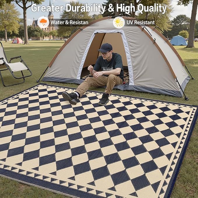 Outdoor Rug for Patios Clearance,Waterproof Mat,Large Outside Carpet,Reversible Plastic Straw Camping Rugs,Rv,Porch,Deck,Camper,Balcony,Backyard (5x8,Checkered/Black&Beige)