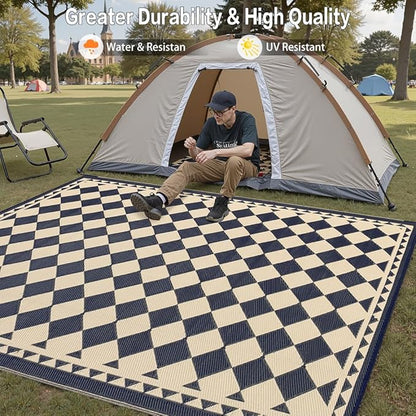 Outdoor Rug for Patios Clearance,Waterproof Mat,Large Outside Carpet,Reversible Plastic Straw Camping Rugs,Rv,Porch,Deck,Camper,Balcony,Backyard (5x8,Checkered/Black&Beige)