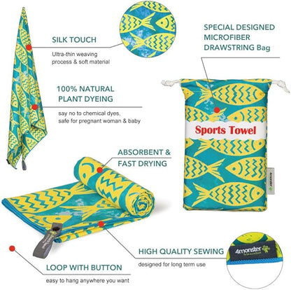 4Monster Microfiber Beach Towel Quick Dry,Super Absorbent Lightweight Travel Towel for Swimmers, Sand Free Camping Towel, Beach Towels for Pool, Swim, Water Sports,Yoga,Gym,Backpacking
