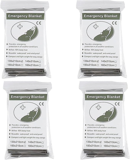 4Pack Outdoor Aluminum Foil Warming Blanket for Wilderness Survival, Camping, Easy Tenting - Rain and Sun Protection - Reflective Warming First Aid Aluminum Foil Blanket (Silver)