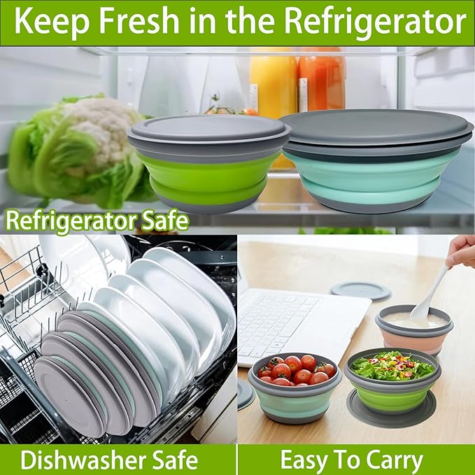 RMAMSCOV Camping Bowl, 3 PCS Food Grade Silicone Collapsible Bowl Lunch Box Salad Bowl with Lid, Expandable Food Storage Containers Set with Free folding tableware and storage bag (Green-600ml)