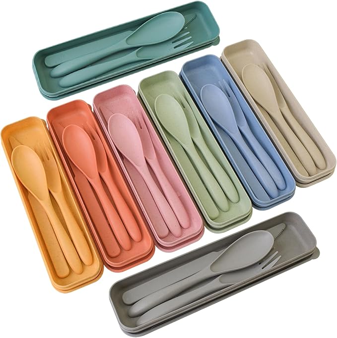 Camping Utensil Set, Reusable Utensils Set with Case, Plastic Cutlery Set Forks Spoon Tableware Chopsticks, Portable Cutlery Set for Travel Picnic Camping or Daily Use (Dark Color-8)