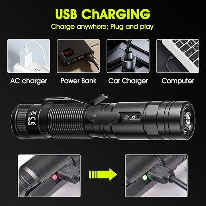 Flashlight Rechargeable High Lumens, Flashlight Rechargeable USB-C, Powerful Handheld Flash Light 5 Modes, Super Bright Pocket LED Flashlight for Camping, Emergency, Rescue（2 Pack）
