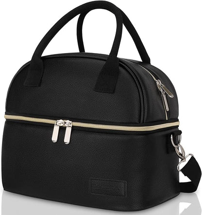 BALORAY Lunch Bag for Women Men, Double Deck Lunch Box for Adults, PU Leather Lunch Tote Bag Insulated Lunch Bags with Strap for Work Office Picnic