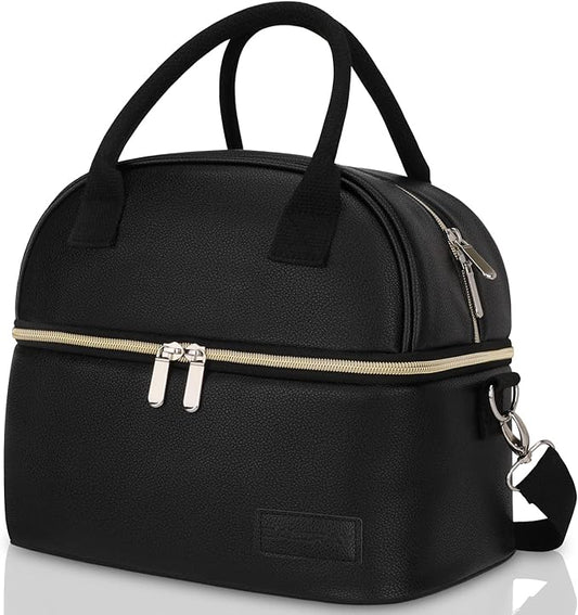 BALORAY Lunch Bag for Women Men, Double Deck Lunch Box for Adults, PU Leather Lunch Tote Bag Insulated Lunch Bags with Strap for Work Office Picnic